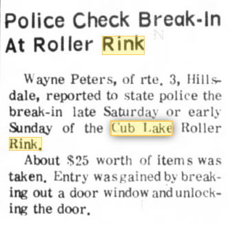 Cub Lake Roller Rink - NOVEMBER 16 1970 ARTICLE ON BREAK-IN